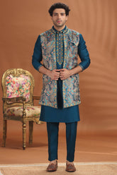 Teal Blue Pink Silk Mirror Embroidered Kurta Pajama with Paisley Print Jacket